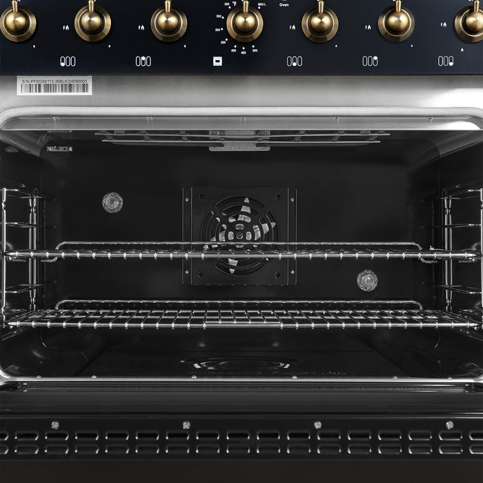 Forno Antico 36-inch Dual Fuel Range Black and Antique Brass Design with 6 Sealed Gas Burners and Electric Convection Oven