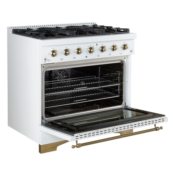 Forno Antico 36-inch Dual Fuel Range White and Antique Brass Design with 6 Sealed Gas Burners and Electric Convection Oven