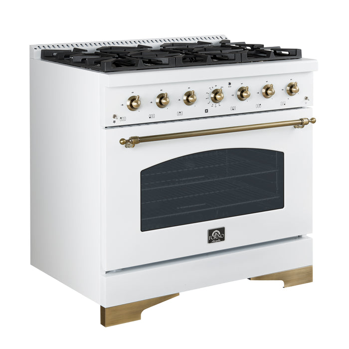 Forno Antico 36-inch Dual Fuel Range White and Antique Brass Design with 6 Sealed Gas Burners and Electric Convection Oven