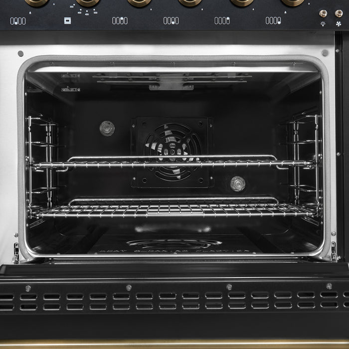 Forno Antico 48-Inch Dual Fuel Range, Black with Antique Brass Finish, 8 Burners, 94,000 BTU, 5.5 cu.ft. Double Ovens & Griddle