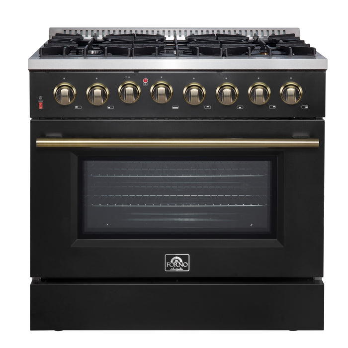 Forno Galiano 36-inch Dual Fuel Range in Black & Antique Brass Design, 6 Sealed Burners 83,000 BTU, 5.36 cu.ft. True Convection Oven