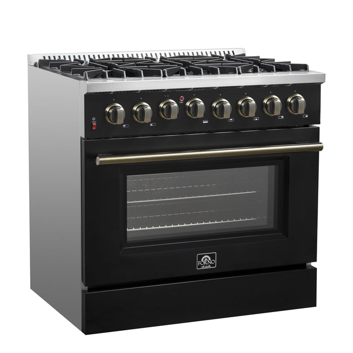 Forno Galiano 36-inch Dual Fuel Range in Black & Antique Brass Design, 6 Sealed Burners 83,000 BTU, 5.36 cu.ft. True Convection Oven