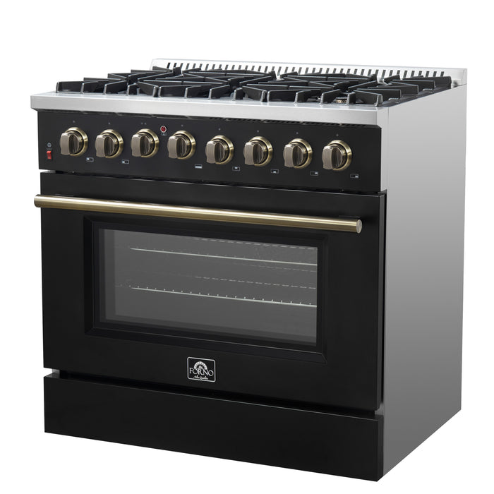 Forno Galiano 36-inch Dual Fuel Range in Black & Antique Brass Design, 6 Sealed Burners 83,000 BTU, 5.36 cu.ft. True Convection Oven