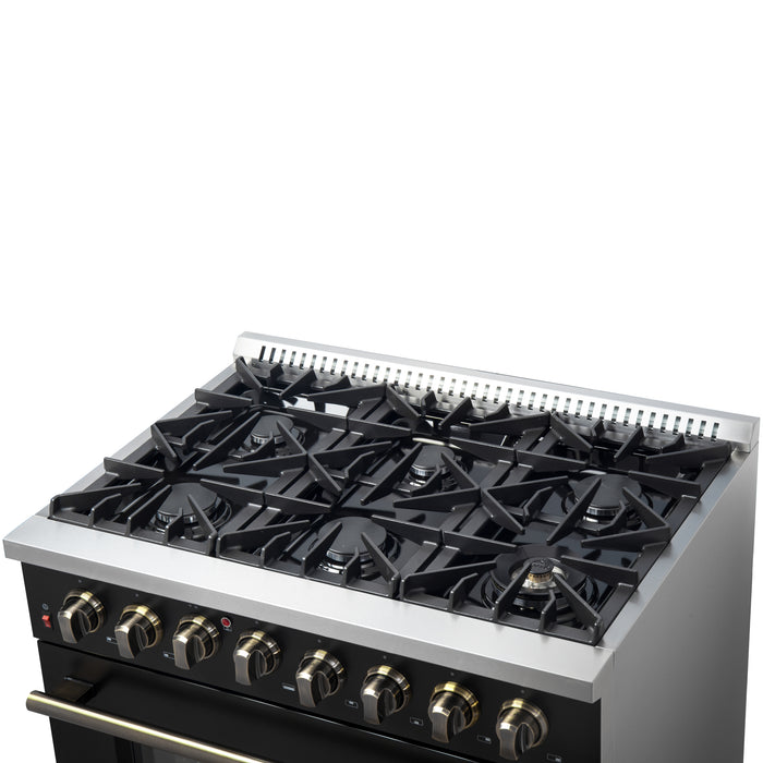 Forno Galiano 36-inch Dual Fuel Range in Black & Antique Brass Design, 6 Sealed Burners 83,000 BTU, 5.36 cu.ft. True Convection Oven