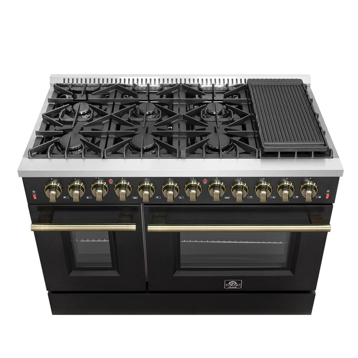 Galiano 48-inch Dual Fuel Range Black & Antique Brass Design with 8 Sealed Burners 107,000 BTU, 6.58 cu. ft. double ovens & Griddle