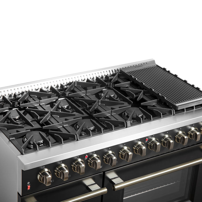 Galiano 48-inch Dual Fuel Range Black & Antique Brass Design with 8 Sealed Burners 107,000 BTU, 6.58 cu. ft. double ovens & Griddle