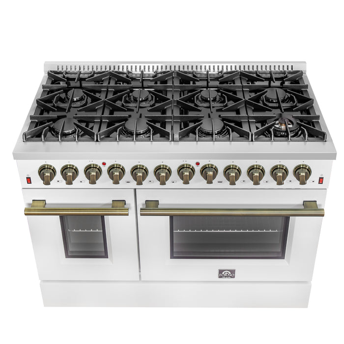 Galiano 48-inch Dual Fuel Range White & Antique Brass Design with 8 Sealed Burners 107,000 BTU, 6.58 cu. ft. double ovens & Griddle