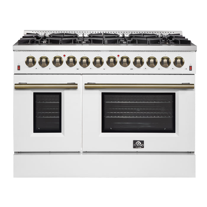 Galiano 48-inch Dual Fuel Range White & Antique Brass Design with 8 Sealed Burners 107,000 BTU, 6.58 cu. ft. double ovens & Griddle