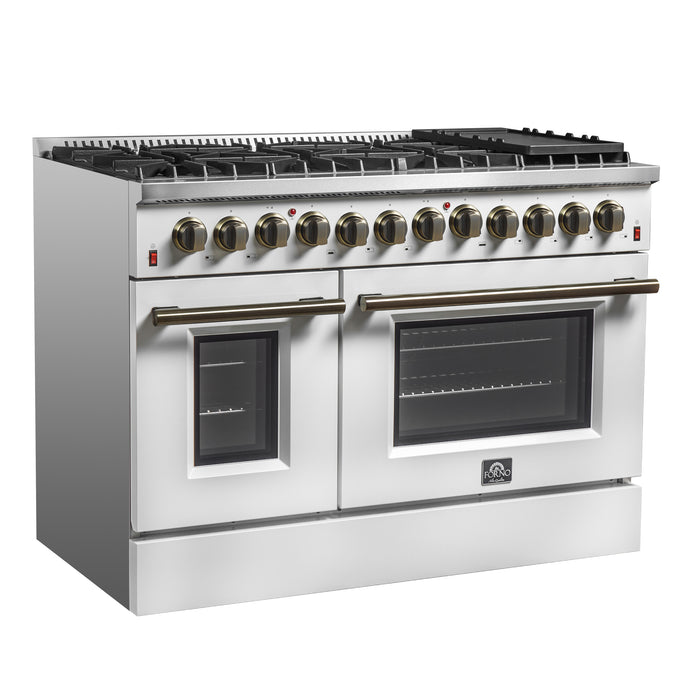 Galiano 48-inch Dual Fuel Range White & Antique Brass Design with 8 Sealed Burners 107,000 BTU, 6.58 cu. ft. double ovens & Griddle