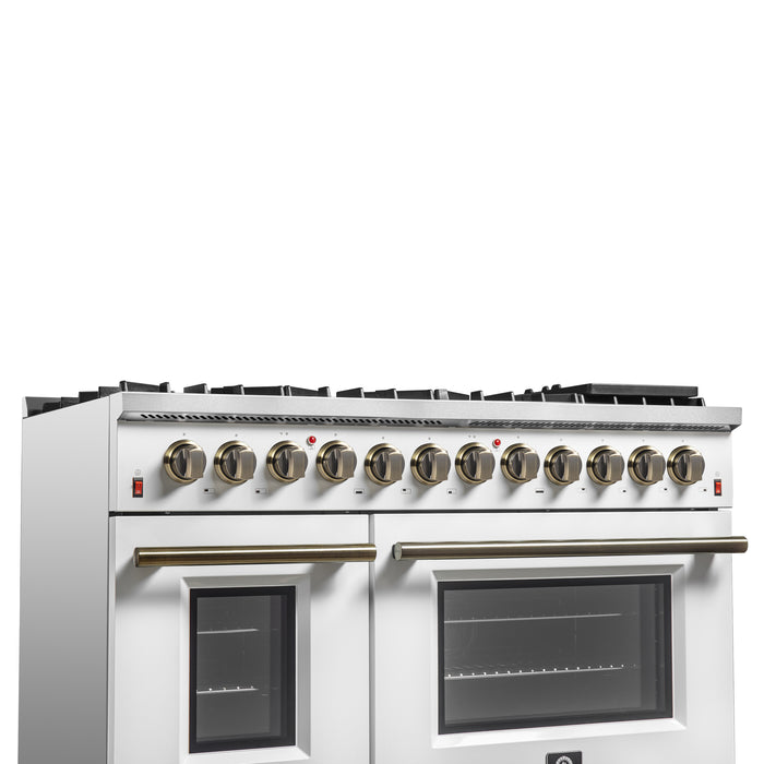 Galiano 48-inch Dual Fuel Range White & Antique Brass Design with 8 Sealed Burners 107,000 BTU, 6.58 cu. ft. double ovens & Griddle