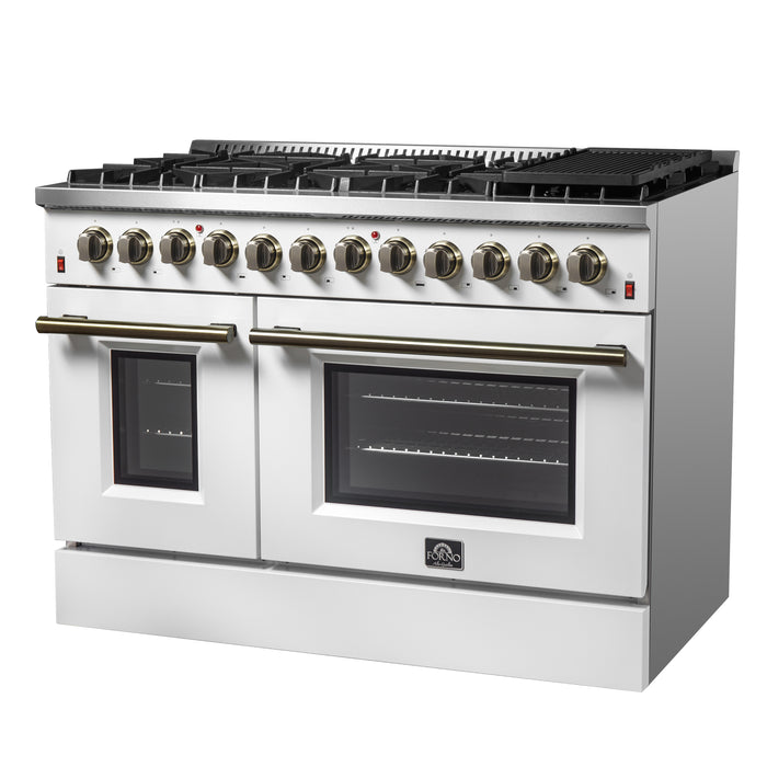 Galiano 48-inch Dual Fuel Range White & Antique Brass Design with 8 Sealed Burners 107,000 BTU, 6.58 cu. ft. double ovens & Griddle