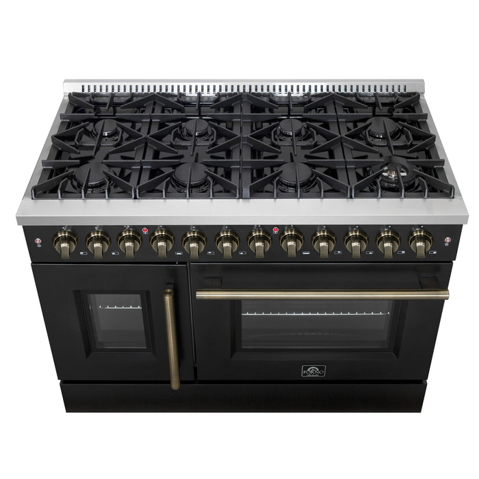 Forno Galiano 48-inch French Door Dual Fuel Range, Black & Antique Brass Design, 8 Sealed Burners - 107,000 BTU, Griddle, 6.58 cu.ft. Double Ovens