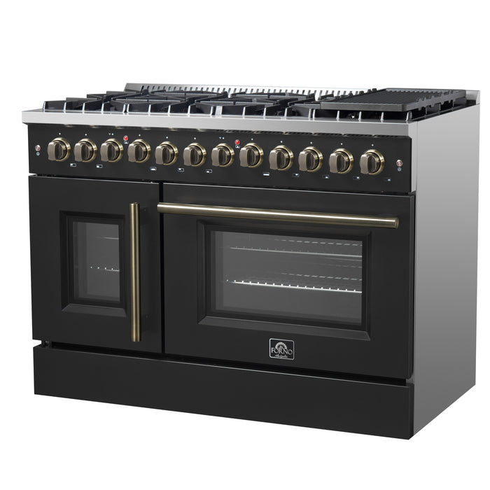 Forno Galiano 48-inch French Door Dual Fuel Range, Black & Antique Brass Design, 8 Sealed Burners - 107,000 BTU, Griddle, 6.58 cu.ft. Double Ovens