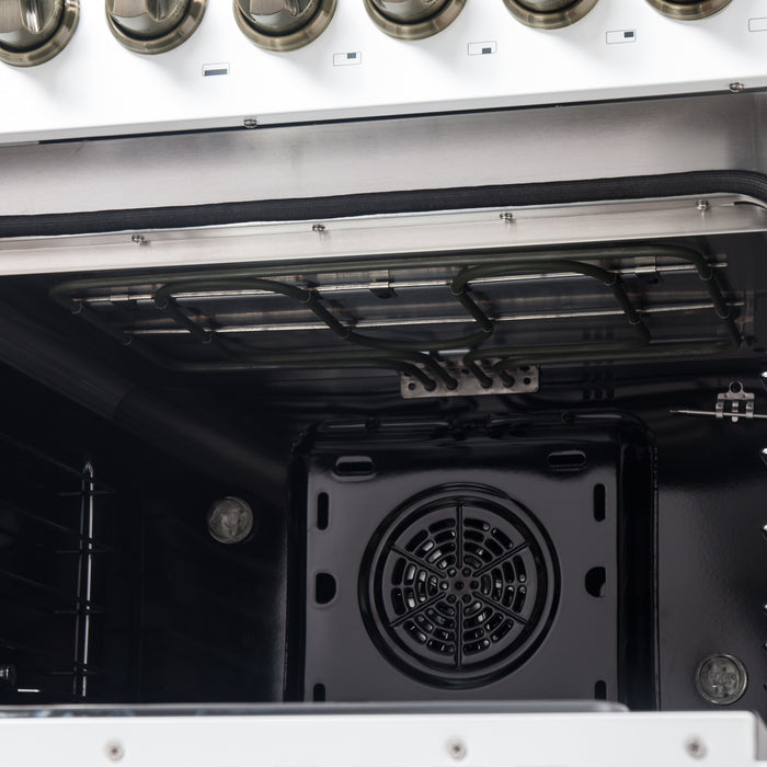 Forno Galiano 48-inch French Door Dual Fuel Range, White & Antique Brass Design, 8 Sealed Burners - 107,000 BTU, Griddle, 6.58 cu.ft. Double Ovens