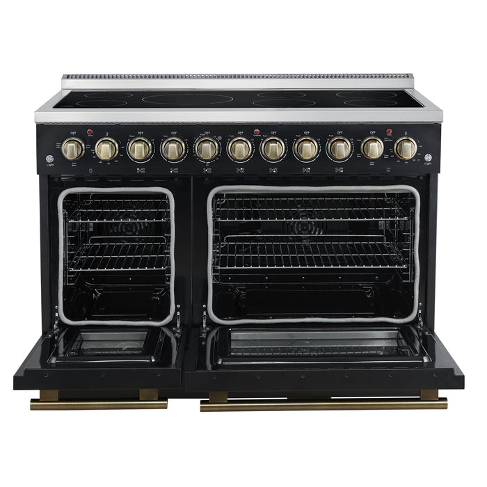 Forno Paolo 48 Inch Freestanding Electric Range in Black with Antique Brass, 6.7 cu.ft, True Convection Oven, Energy Efficient