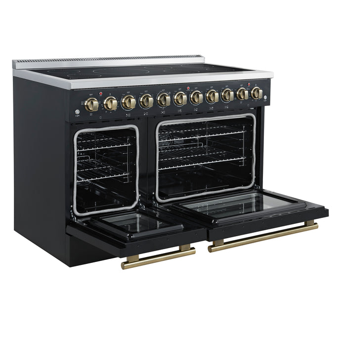 Forno Paolo 48 Inch Freestanding Electric Range in Black with Antique Brass, 6.7 cu.ft, True Convection Oven, Energy Efficient