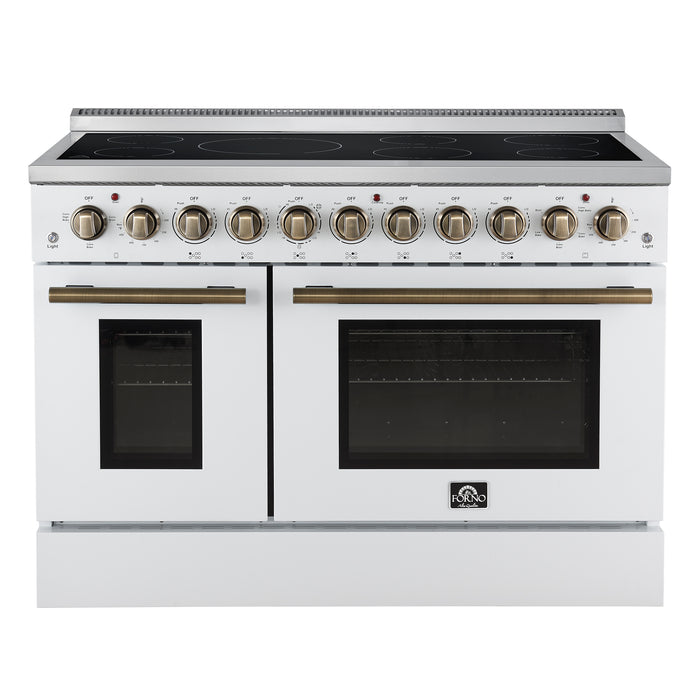 Forno Paolo 48 Inch Freestanding Electric Range in White with Antique Brass, 6.7 cu.ft, True Convection Oven, Energy Efficient