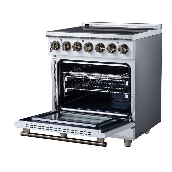 Massimo 30 Inch Freestanding Electric range, 5 radiant burners, 4.32 cf. True Convection oven, Air Fryer Kit, White
