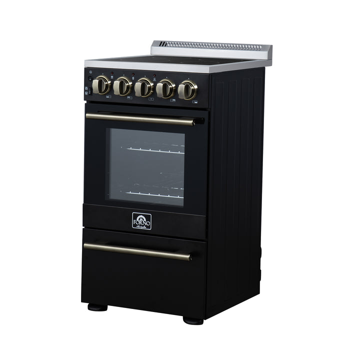 Forno Pallerano 20 Inch Freestanding Electric Range in Black with Antique Brass, Compact Design