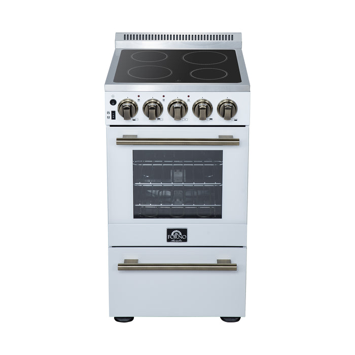 Forno Pallerano 20 Inch Freestanding Electric Range in White with Antique Brass, Compact Design