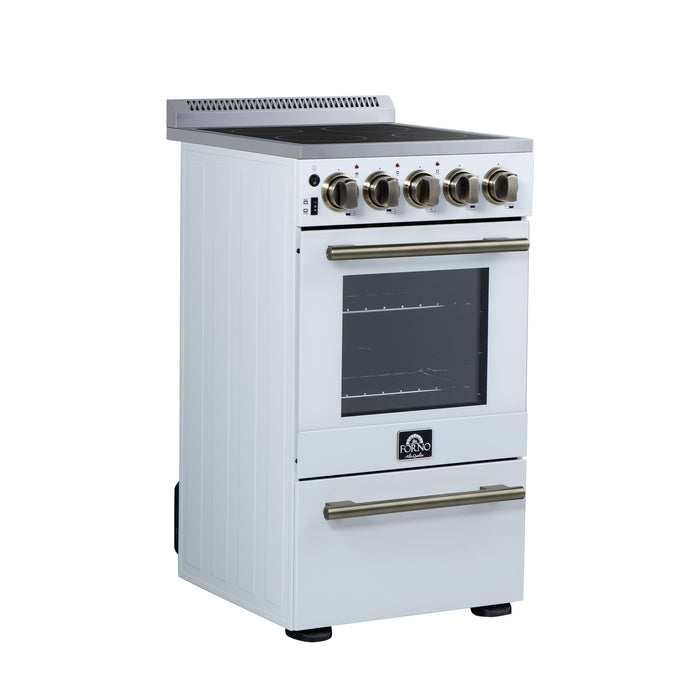 Forno Pallerano 20 Inch Freestanding Electric Range in White with Antique Brass, Compact Design