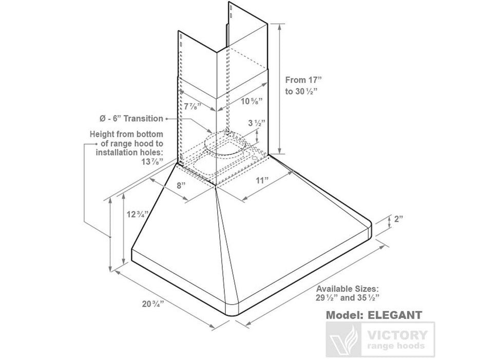 30 Inch Wall Mounted Range Hood with 450 CFM Remote Blower - VICTORY Elegant
