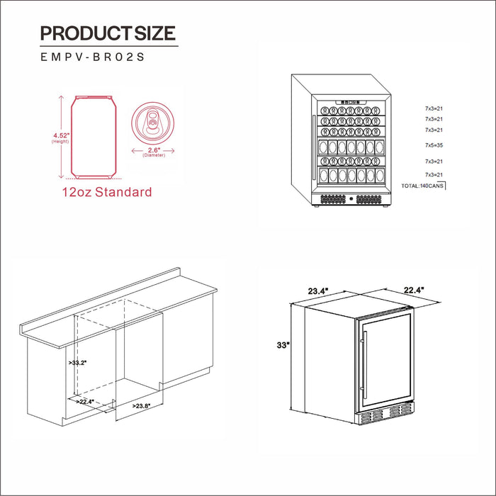 Empava 24 Inch Freestanding & Under Counter Beverage Fridge