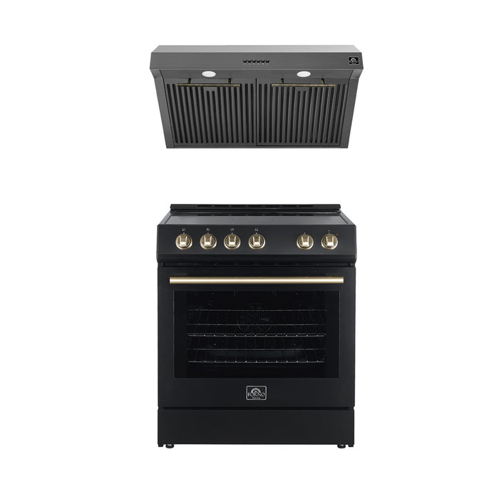 FORNO Premium 2-Piece Kitchen Bundle - Leonardo Espresso 30" Black Range, 30" Black Range Hood