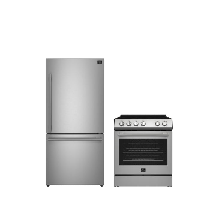 FORNO Premium 2-Piece Kitchen Bundle - Leonardo Espresso 30" Stainless Steel Range, 31" Stainless Steel Bottom Freezer Refrigerator