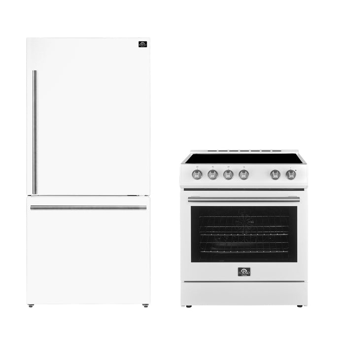 FORNO Premium 2-Piece Kitchen Bundle - Leonardo Espresso 30" White Range, 31" White Bottom Freezer Refrigerator