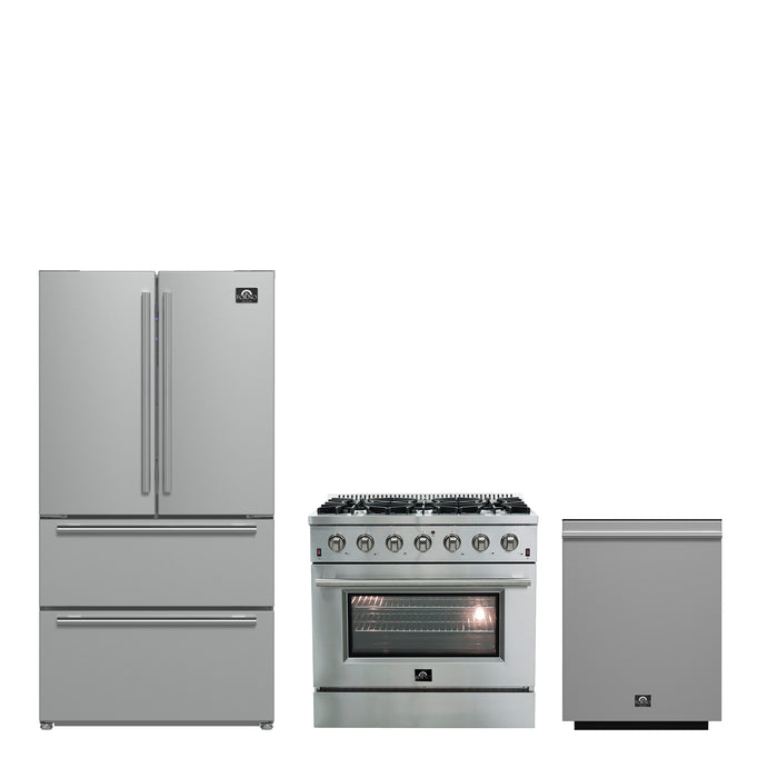 FORNO Premium 3-Piece Kitchen Bundle - Galiano 36" Gas Range, 36" Built-In Refrigerator, 24" Built-In Dishwasher