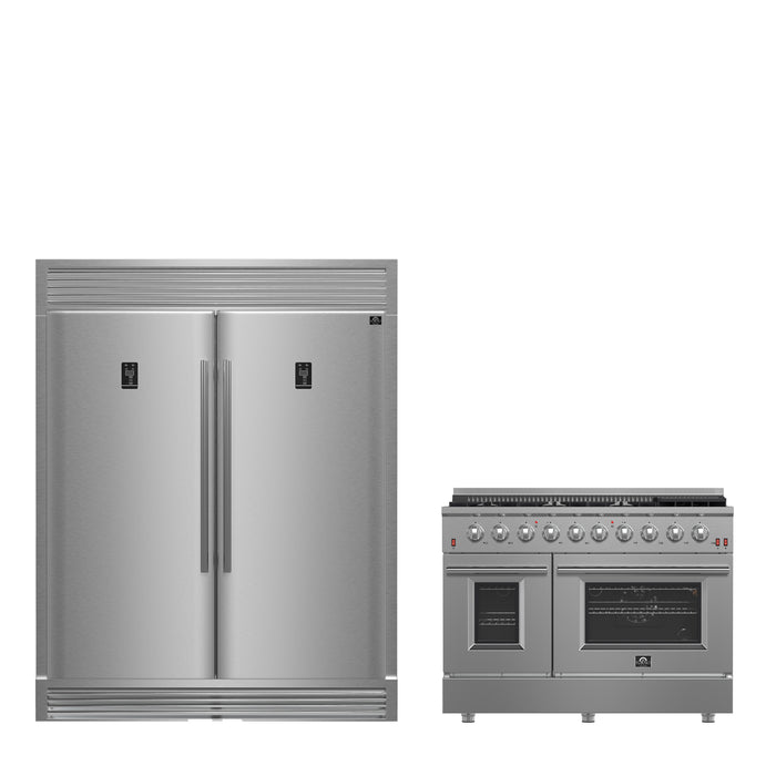 FORNO Premium 2-Piece Kitchen Bundle - Galiano 48" Stainless Steel Dual Fuel Range, 60" Stainless Steel Side-by-side Convertible Refrigerator