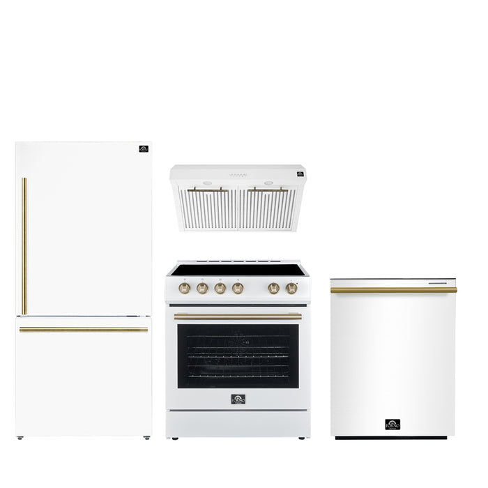 FORNO Premium 4-Piece Kitchen Bundle - Leonardo Espresso 30" White Range, 30" White Range Hood, 31" White Bottom Freezer Refrigerator, 24" White Built-In Dishwasher