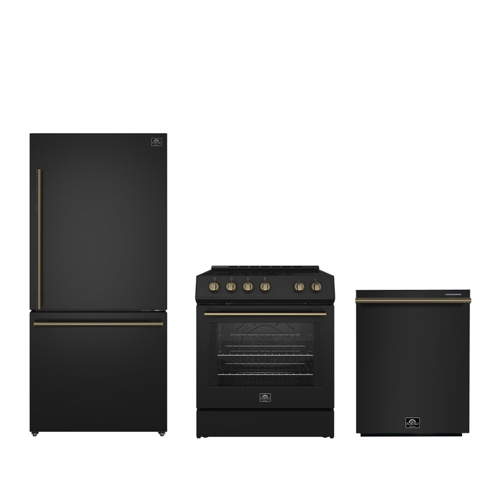 FORNO Premium 3-Piece Kitchen Bundle - Leonardo Espresso 30" Black Range, 31" Black Bottom Freezer Refrigerator, 24" Black Built-In Dishwasher