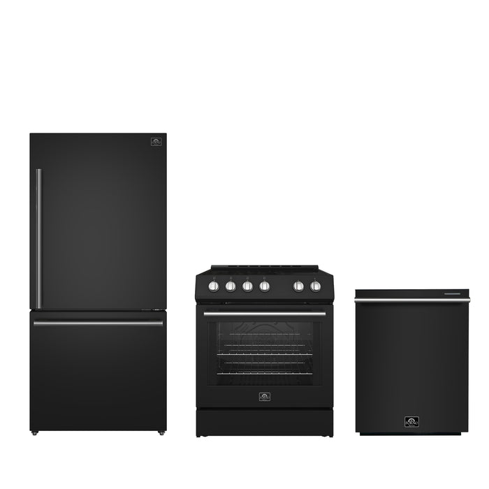 FORNO Premium 3-Piece Kitchen Bundle - Leonardo Espresso 30" Black Range, 31" Black Bottom Freezer Refrigerator, 24" Black Built-In Dishwasher