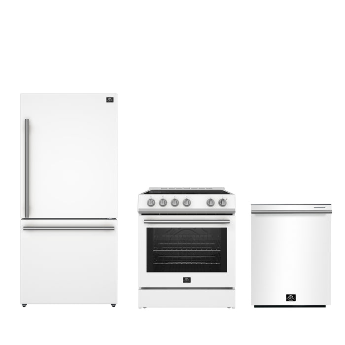 FORNO Premium 3-Piece Kitchen Bundle - Leonardo Espresso 30" White Range, 31" White Bottom Freezer Refrigerator, 24" White Built-In Dishwasher - FBDL-007-03US