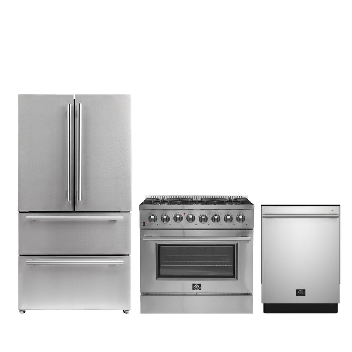 FORNO Premium 3-Piece Kitchen Bundle - 36" Gas Range, 36" French Door Refrigerator, 24" Built-In Dishwasher, Stainless Steel - FBDL-009-02CAUS