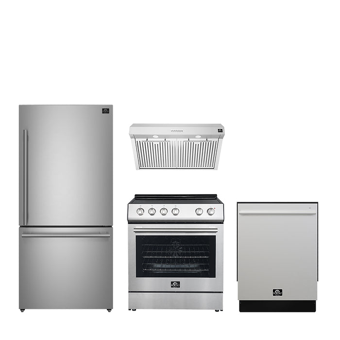 FORNO Premium 4-Piece Kitchen Bundle - 30" Electric Range, 30" Range Hood, 31" French Door Refrigerator, 24" Built-In Dishwasher, Stainless Steel