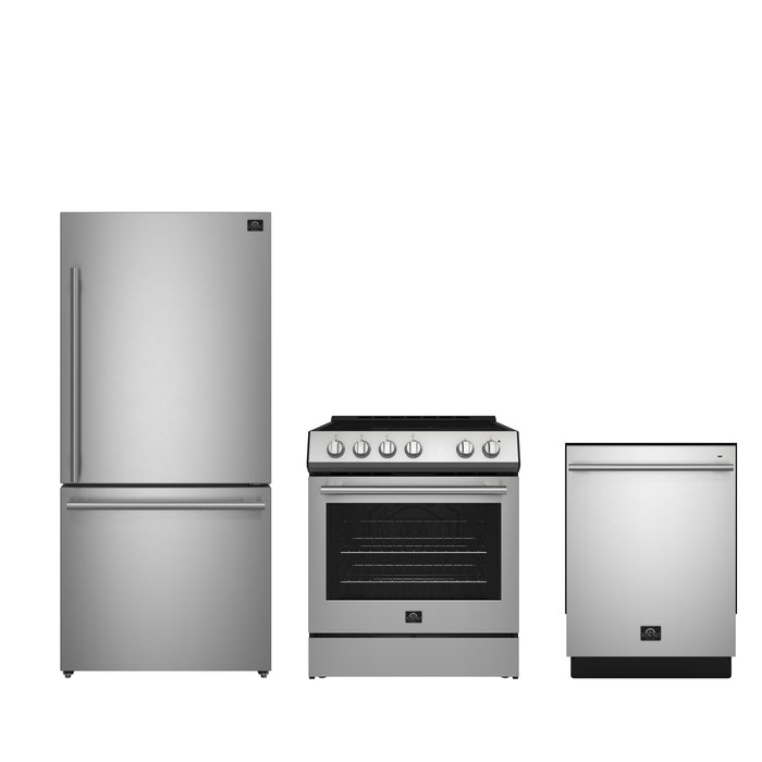 FORNO Premium 3-Piece Kitchen Bundle - 30" Electric Range, French Door Refrigerator, Built-In Dishwasher, Stainless Steel