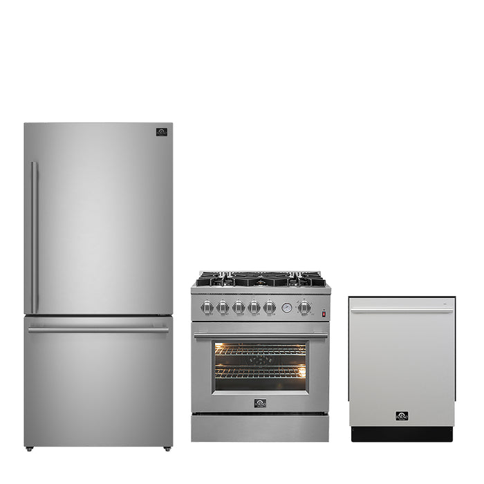 FORNO Premium 3-Piece Kitchen Bundle - 30" Gas Range, French Door Refrigerator, Built-In Dishwasher, Stainless Steel