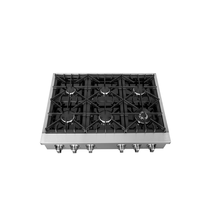 Forno Cossato Alta Qualita 36-Inch Pro-Style Gas Rangetop, Stainless Steel, 6 Sealed Burners, 83,000 BTU Total Output, Continuous Cast Iron Grates