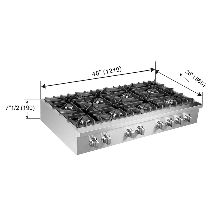 Forno Cossato Alta Qualita 48-Inch Pro-Style Gas Rangetop, Stainless Steel, 6 Sealed Burners, 83,000 BTU Total Output, Continuous Cast Iron Grates