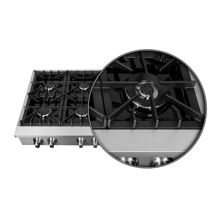 Forno Cossato Alta Qualita 48-Inch Pro-Style Gas Rangetop, Stainless Steel, 6 Sealed Burners, 83,000 BTU Total Output, Continuous Cast Iron Grates