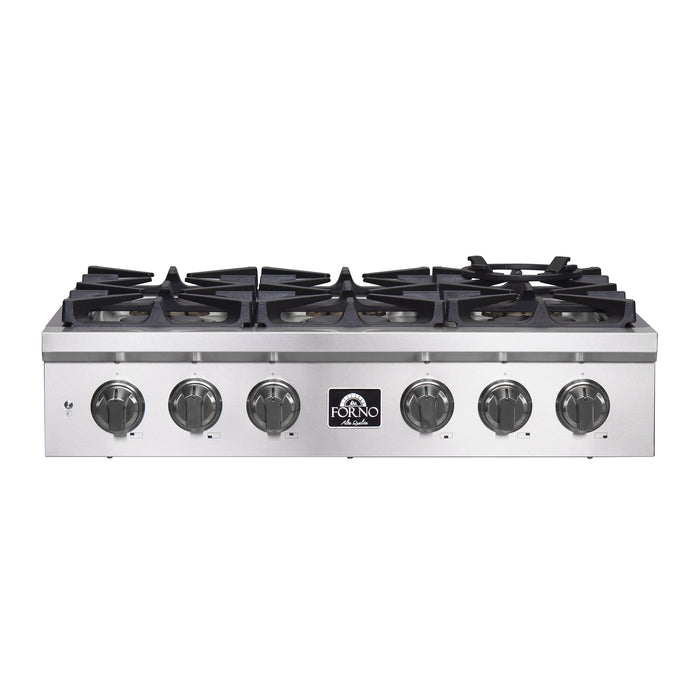 Forno Spezia Alta Qualita 36-Inch Pro-Style Gas Rangetop, Stainless Steel, 6 Sealed Burners, Continuous Cast Iron Grates, High Heat Output