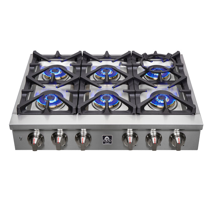 Forno Spezia Alta Qualita 36-Inch Pro-Style Gas Rangetop, Stainless Steel, 6 Sealed Burners, Continuous Cast Iron Grates, High Heat Output