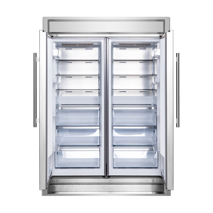FORNO Premium 3-Piece Kitchen Bundle - FORNO Galiano 48" Freestanding Dual Fuel Range, FORNO Maderno 60" 2-Piece Convertible Refrigerator/Freezer Built-In with Decorative Grill Trim, 27.2 cu.ft., FORNO Orvieto 48" Wall Mount Range Hood - FBDL-017-04CAUS
