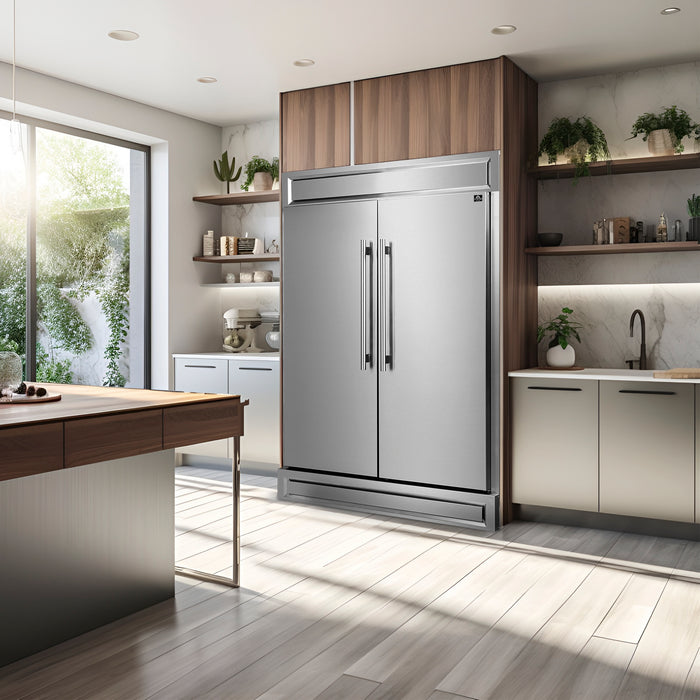 FORNO Premium 3-Piece Kitchen Bundle - FORNO Galiano 48" Freestanding Dual Fuel Range, FORNO Maderno 60" 2-Piece Convertible Refrigerator/Freezer Built-In with Decorative Grill Trim, 27.2 cu.ft., FORNO Orvieto 48" Wall Mount Range Hood - FBDL-017-04CAUS