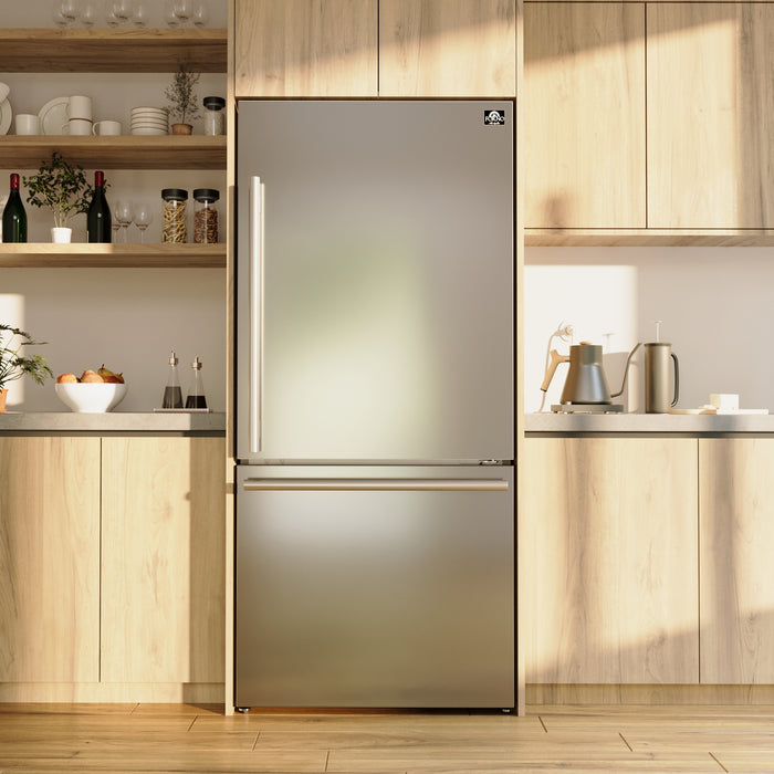 Forno Milano Espresso 31-Inch Bottom Freezer Refrigerator, Stainless Steel, 17.2 cu.ft Capacity, Right Swing Door, Energy Efficient