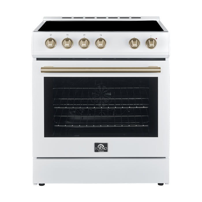 FORNO Premium 4-Piece Kitchen Bundle - Leonardo Espresso 30" White Range, 30" White Range Hood, 31" White Bottom Freezer Refrigerator, 24" White Built-In Dishwasher