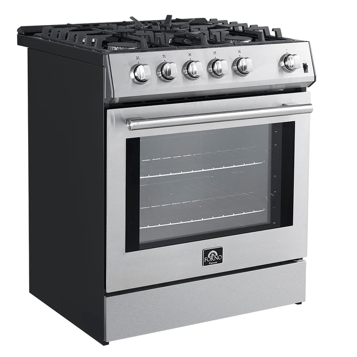 Forno Leonardo 30-Inch Stainless Steel Gas Range, 5 Sealed Burners (Totaling 68,000 BTU), 4.32 cu.ft. Convection Oven, Continuous Cast Iron Grates, Black Enamel Interior, Auto Re-Ignition, LP Conversion Kit Included